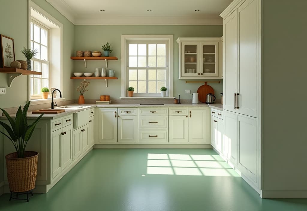  a landscape photo of a bright, airy kitchen featuring natural linoleum flooring in a soft, muted green color. the floor complements white cabinetry and provides a fresh, organic feel to the space hyperrealistic, full body, detailed clothing, highly detailed, cinematic lighting, stunningly beautiful, intricate, sharp focus, f/1. 8, 85mm, (centered image composition), (professionally color graded), ((bright soft diffused light)), volumetric fog, trending on instagram, trending on tumblr, HDR 4K, 8K