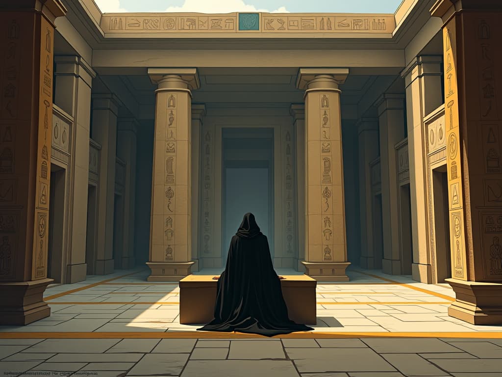  a solitary figure sitting on a stone bench within an empty, ancient egyptian temple courtyard, hieroglyphs on the walls, the atmosphere somber and quiet, symbolizing profound isolation and introspection. the style is digital art illustration / modern comic book / mysterious occult, symbolic, esoteric vibe,high detail on character design, incorporating ancient egyptian symbology and attire.