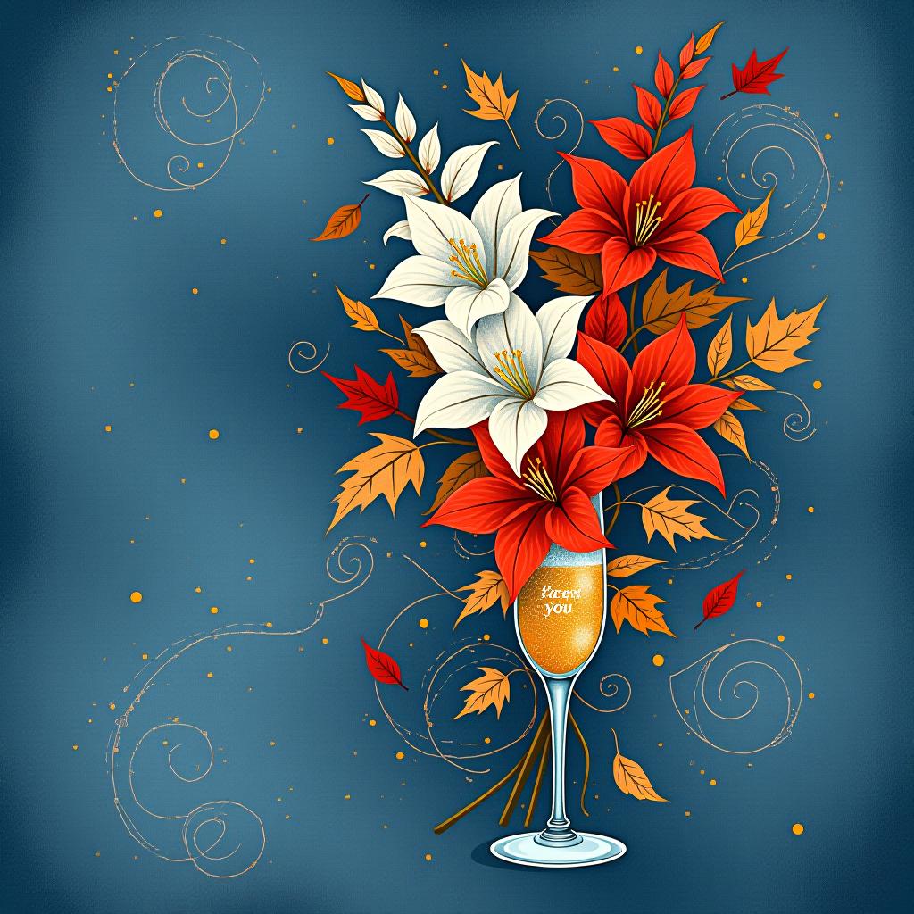  postcard design: bluish blue background with ((decorated with fine fine fractal glitter, bright leaves, ink sketch lines on blue background, outlines, falling autumn leaves, silver swirls, autumn leaves)) . ((graceful,slim, profile of a woman's face, in the style of autumn art fantasy 1,7)). ((crystal tall glass)) :champagne with ice cubes and chocolate.((birthday greeting card))). (in the centre of the card is a bouquet of white gladioluses with the inscription (("for you"))).((bouquet of burgundy gladioluses surrounded by multicoloured foliage 1,2)) (colour of the bouquet): burgundy red with an orange border. (foliage colour) :golden, silvery white, burgundy, green, golden green, (style):fantasy, design art, greeting cards. (style):fantas