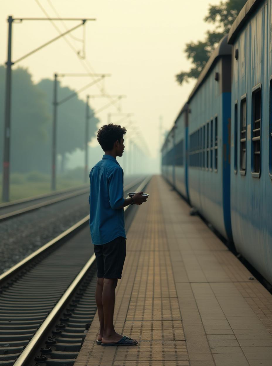  a scene from a emmy winner feature film called "hunger". location and scene: empty indian railway platform, chennai, early morning camera: medium shot from across the railway tract action: a young indian "arjunkumarwalia" with short curly hair, weaing blue shirt and black shorts is standing with a bowl waiting for the train, high quality, high details, hd, perfect composition, 4k epic detailed, highly detailed, sharp focus, high resolution