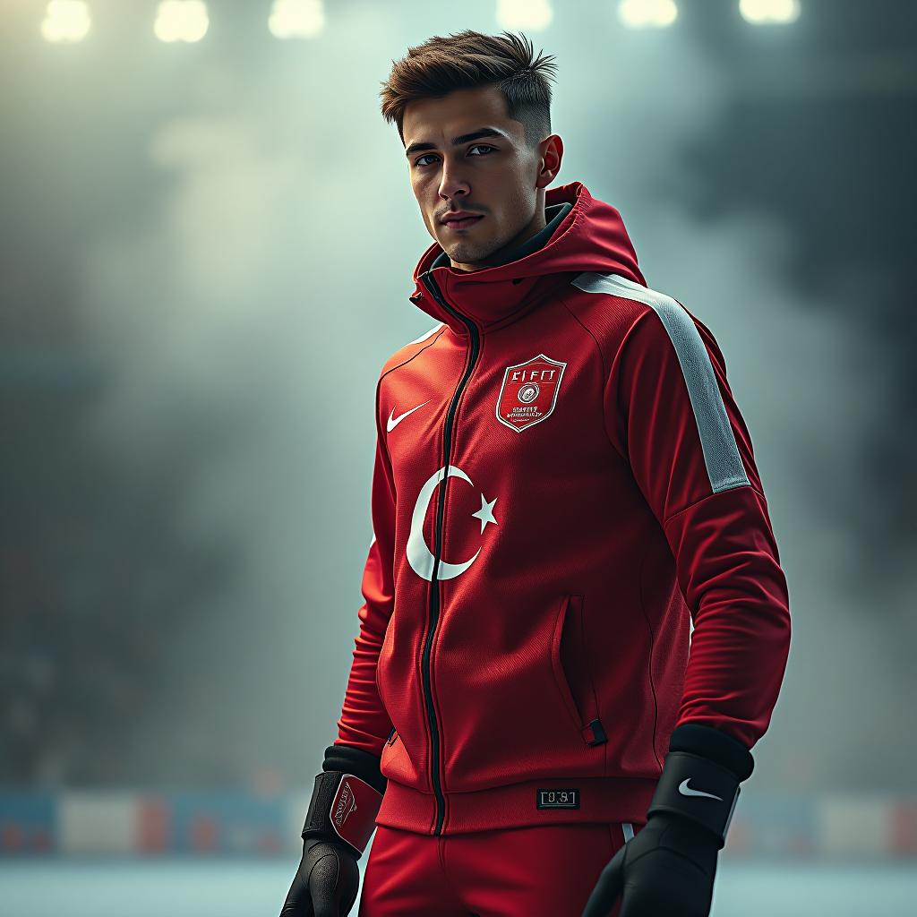  design turkish olympic team outfit hyperrealistic, full body, detailed clothing, highly detailed, cinematic lighting, stunningly beautiful, intricate, sharp focus, f/1. 8, 85mm, (centered image composition), (professionally color graded), ((bright soft diffused light)), volumetric fog, trending on instagram, trending on tumblr, HDR 4K, 8K