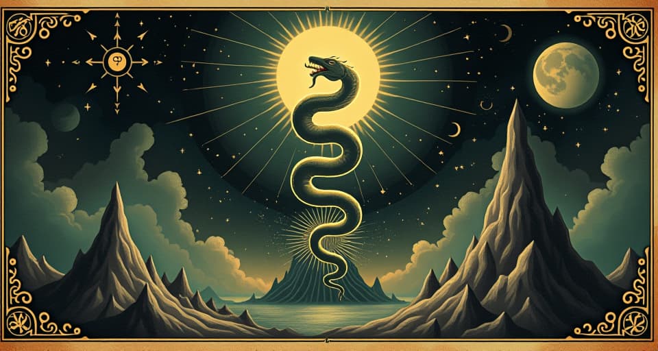  glowing serpent winding upwards, surrounded by ancient symbols, transformation, enlightenment, guiding force. an illustration in the style of a worn, mystical old tarot trump card, mysterious and elements of surrealism. the colors are muted, somber and eerie, but with contrast bring out an occult and esoteric vibe.