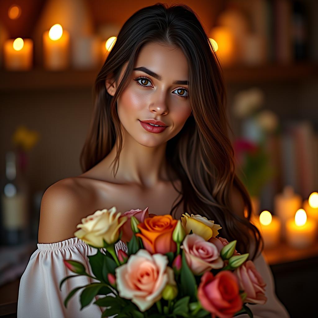  a beautiful brunette girl with a bouquet of flowers and candles around her.