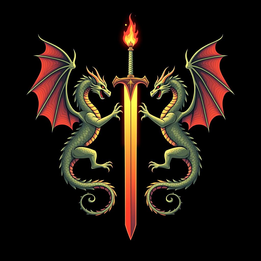  design a logo, custom sticker design on an isolated black background decorated by mythical dragons and a flaming sword