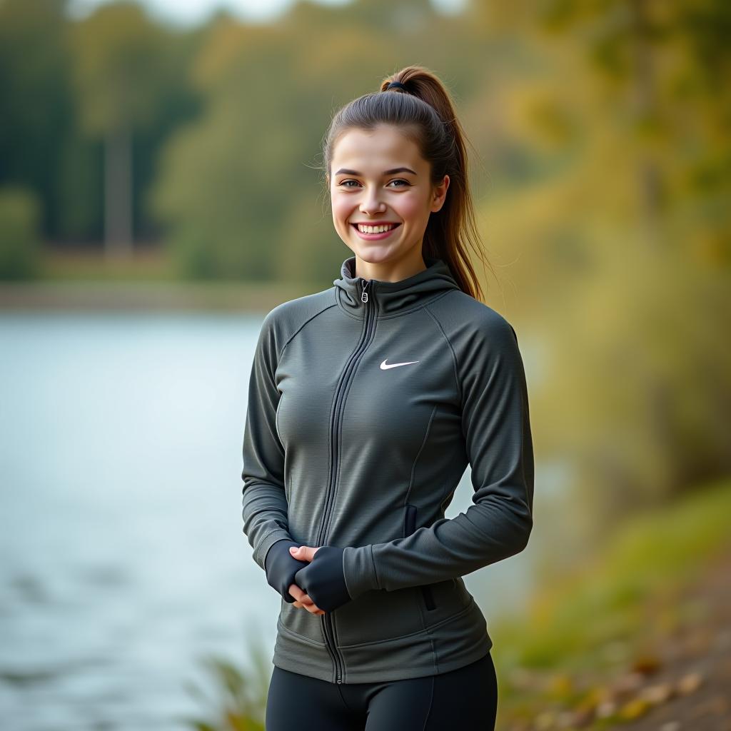  a brunette girl in sportswear is doing a light warm up by the lake in a green forest.