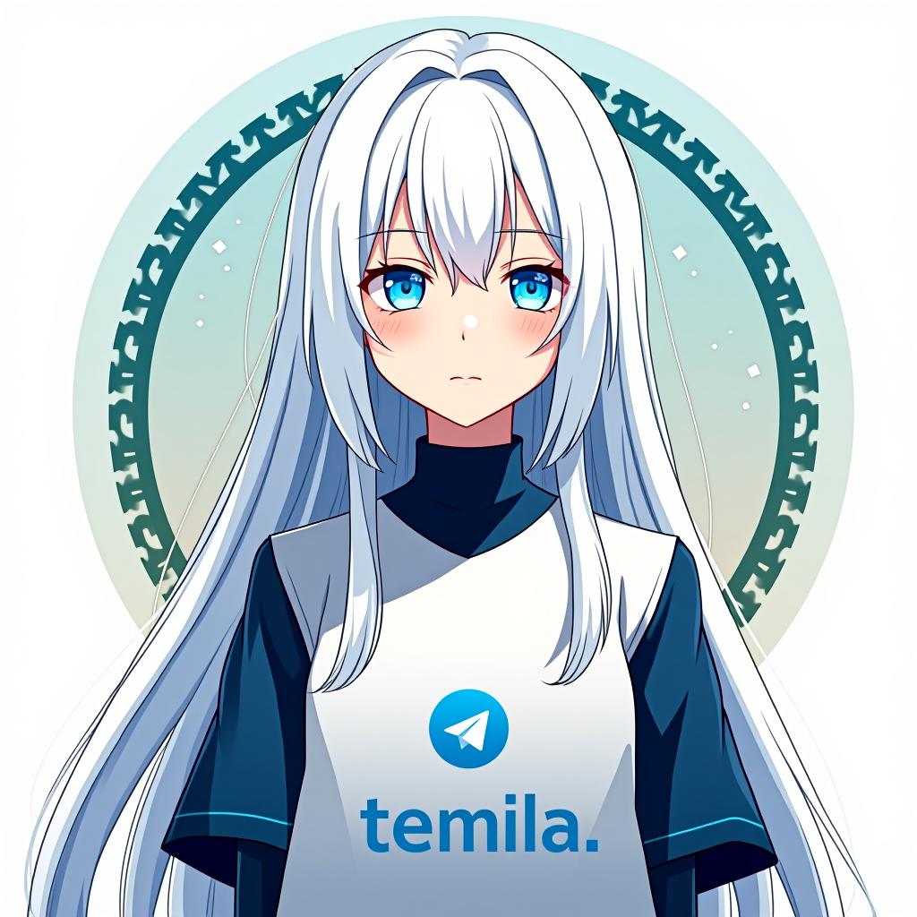  create an image of a character inspired by emilia from re:zero, featuring long white hair and an elegant appearance. the character should be wearing a shirt with the telegram logo, embodying peace and serenity. the design should be background, and include the name 'emilia' in a logo font