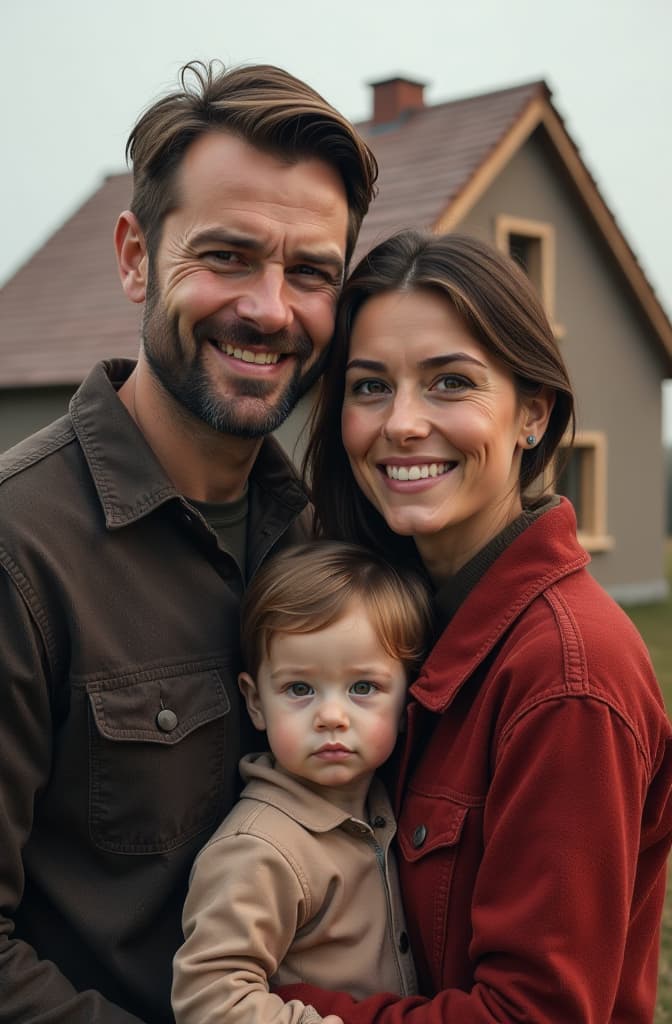  happy family with the house in the background under construction with an upvc roof, realistic, portrait, art by donato giancola and greg rutkowski, realistic face, digital art, trending on artstation hyperrealistic, full body, detailed clothing, highly detailed, cinematic lighting, stunningly beautiful, intricate, sharp focus, f/1. 8, 85mm, (centered image composition), (professionally color graded), ((bright soft diffused light)), volumetric fog, trending on instagram, trending on tumblr, HDR 4K, 8K