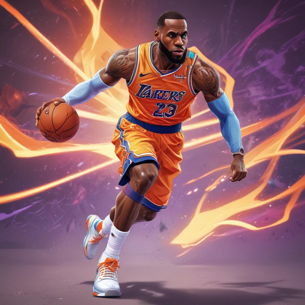 distance-shot, flashy, full-body, dynamic, holographic, animated cartoon poster of lebron james in the style of dragon ball super