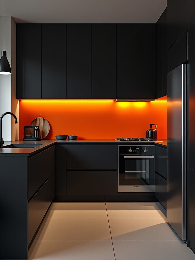  high quality portrait photo of a sleek, minimalist kitchen with matte black cabinets, a vibrant orange accent wall, and stainless steel appliances, captured from a corner angle hyperrealistic, full body, detailed clothing, highly detailed, cinematic lighting, stunningly beautiful, intricate, sharp focus, f/1. 8, 85mm, (centered image composition), (professionally color graded), ((bright soft diffused light)), volumetric fog, trending on instagram, trending on tumblr, HDR 4K, 8K