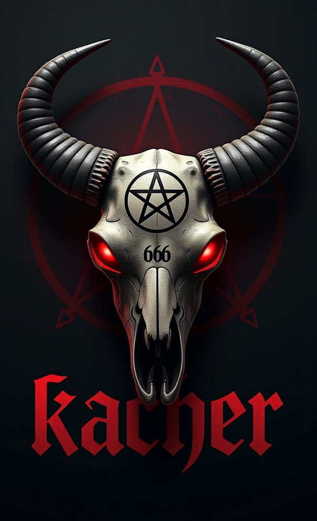  a dark and gritty, street style logo for "kacher", evoking a raw, rock and roll vibe. the design features a vintage, evil buffalo skull with glowing red eyes, a prominent satanic symbol, and the number 666 etched into the bone. the overall aesthetic is bloody, low contrast, and low saturation, with cinematic lighting casting long, dramatic shadows. the typography should be bold, gritty, and slightly distressed, reflecting the rough edges of the design. hyper detail, intricate details, sharp focus, high resolution, 8k, ultra detailed, vib