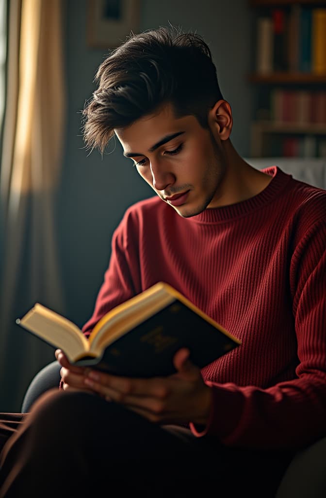  an is reading atomic habits book which is written by james clear..when he was rading the , somehow he was tensed..now creat a high quality this on this promt hyperrealistic, full body, detailed clothing, highly detailed, cinematic lighting, stunningly beautiful, intricate, sharp focus, f/1. 8, 85mm, (centered image composition), (professionally color graded), ((bright soft diffused light)), volumetric fog, trending on instagram, trending on tumblr, HDR 4K, 8K