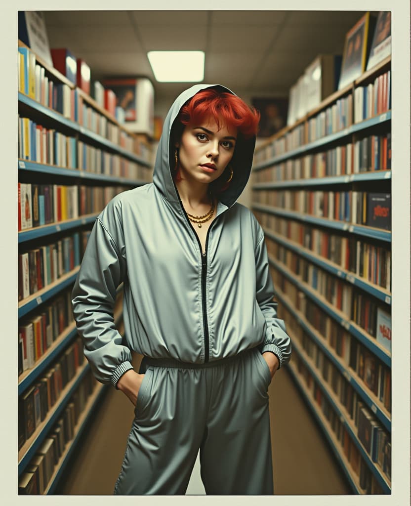  first person point of view 1980s polaroid photographic portrait of a defiant woman wearing hooded windbreaker jacket with parachute pants in silver with red permed shag, 80s style video rental store, shelves lined with vhs tapes and movie posters, saturated colours, aged photograph