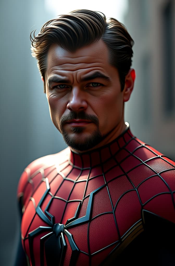  leonardo dicaprio spiderman retrato hyperrealistic, full body, detailed clothing, highly detailed, cinematic lighting, stunningly beautiful, intricate, sharp focus, f/1. 8, 85mm, (centered image composition), (professionally color graded), ((bright soft diffused light)), volumetric fog, trending on instagram, trending on tumblr, HDR 4K, 8K