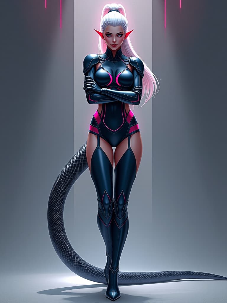  comic beautiful, tall, slender, with a long and graceful snake tail in and high tech armor (many areas of open body) snake tail a continuation of the spine, from the coccyx. armor is dark blue with pink inserts. tight shorts and a tight top elven pointed ears, small vampire fangs. long white hair is gathered in a ponytail. stands at full height, facing the viewer, ing her slender legs wide, folded her arms on her , looks with a squint and a grin. snake tail wriggles and hits an elegant boot . graphic ilration, comic art, graphic novel art, vint, highly detailed hyperrealistic, full body, detailed clothing, highly detailed, cinematic lighting, stunningly beautiful, intricate, sharp focus, f/1. 8, 85mm, (centered image composition), (professionally color graded), ((bright soft diffused light)), volumetric fog, trending on instagram, trending on tumblr, HDR 4K, 8K