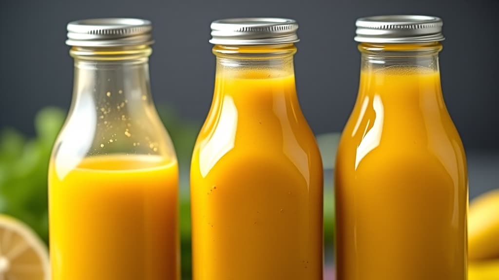  close up of three homemade salad dressings in bottles with honey mustard dressing in front