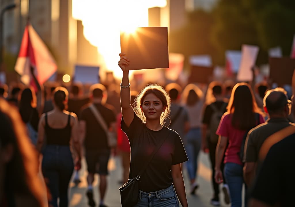  marcha pela diversidade protesto com ativistas e faixas em meio a movimento urbano iluminados pela luz suave da tarde