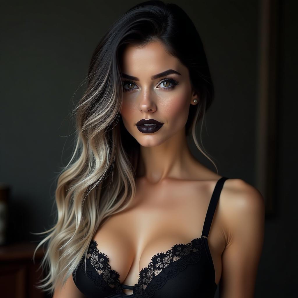  photorealism , professional photography, super detail, (photo of european woman), ((black stockings, lacy lingerie)), ((black and white balayage hair)), dark lips, huge eyelashes, dark shadows, pale skin, same eyes, perfect eyes, perfect body