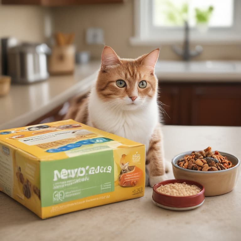 Imagine a vivid and ultra-realistic scene: a cozy kitchen flooded with warm sunlight, where a diverse array of premium pet food brands are meticulously laid out on a sleek, modern countertop. Each package is adorned with vibrant, appetizing images of fresh, wholesome ingredients, promising nutrition and wellness for beloved furry companions. The labels boast bold claims of superior quality and carefully formulated recipes. The air is filled with the enticing aroma of rich meats, savory vegetables, and nourishing grains. In the background, a contented cat lounges on a plush cushion, while a joyful dog eagerly awaits mealtime, their eyes gleaming with anticipation. This image encapsulates the essence of evaluating the quality of pet food and 