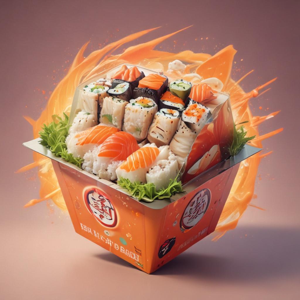 distance-shot, flashy, full-body, dynamic, holographic, animated cartoon poster of a take-out box of sushi in the style of dragon ball super