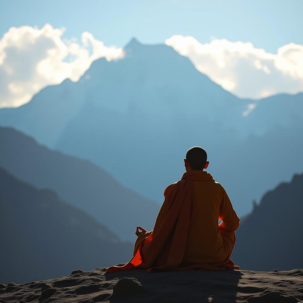  a young buddhist monk meditates against the backdrop of the beautiful snowy himalayas. the monk is illuminated by the sunshine