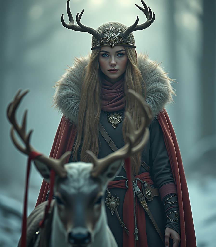  the great goddess of arthemida's reindeer hunter, the reindeer's on the bacon. hyperrealistic, full body, detailed clothing, highly detailed, cinematic lighting, stunningly beautiful, intricate, sharp focus, f/1. 8, 85mm, (centered image composition), (professionally color graded), ((bright soft diffused light)), volumetric fog, trending on instagram, trending on tumblr, HDR 4K, 8K