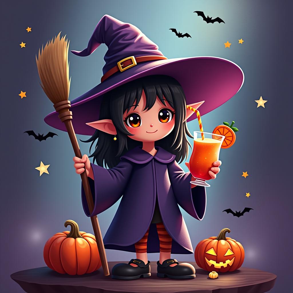  create a digital painting featuring a cute witch character. the witch should be wearing a hat. in one hand, the witch should hold a broomstick, and in the other hand, a halloween themed drink. the background should be colorful and include small black bats, pumpkins and stars to add a playful halloween touch. the overall style should be cute, whimsical, and colorful hyperrealistic, full body, detailed clothing, highly detailed, cinematic lighting, stunningly beautiful, intricate, sharp focus, f/1. 8, 85mm, (centered image composition), (professionally color graded), ((bright soft diffused light)), volumetric fog, trending on instagram, trending on tumblr, HDR 4K, 8K