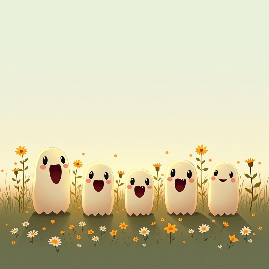  create a digital illustration featuring a row of four or five cute, cartoonish ghost characters, each with a different appearance, standing in different positions within sparse, life like wildflowers.