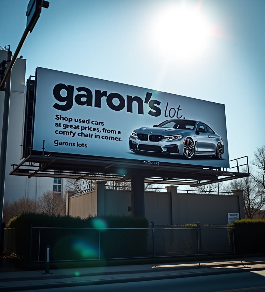  photo of a billboard in chicago, for a car dealer with a car and a chair on it and a that says "garon's lot" in big letters, and "shop used cars at great prices, from a comfy chair in the corner" dynamic lighting, sun glare