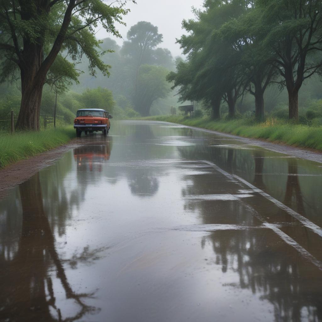 An impressionistic landscape capturing the essence of a rainy day.