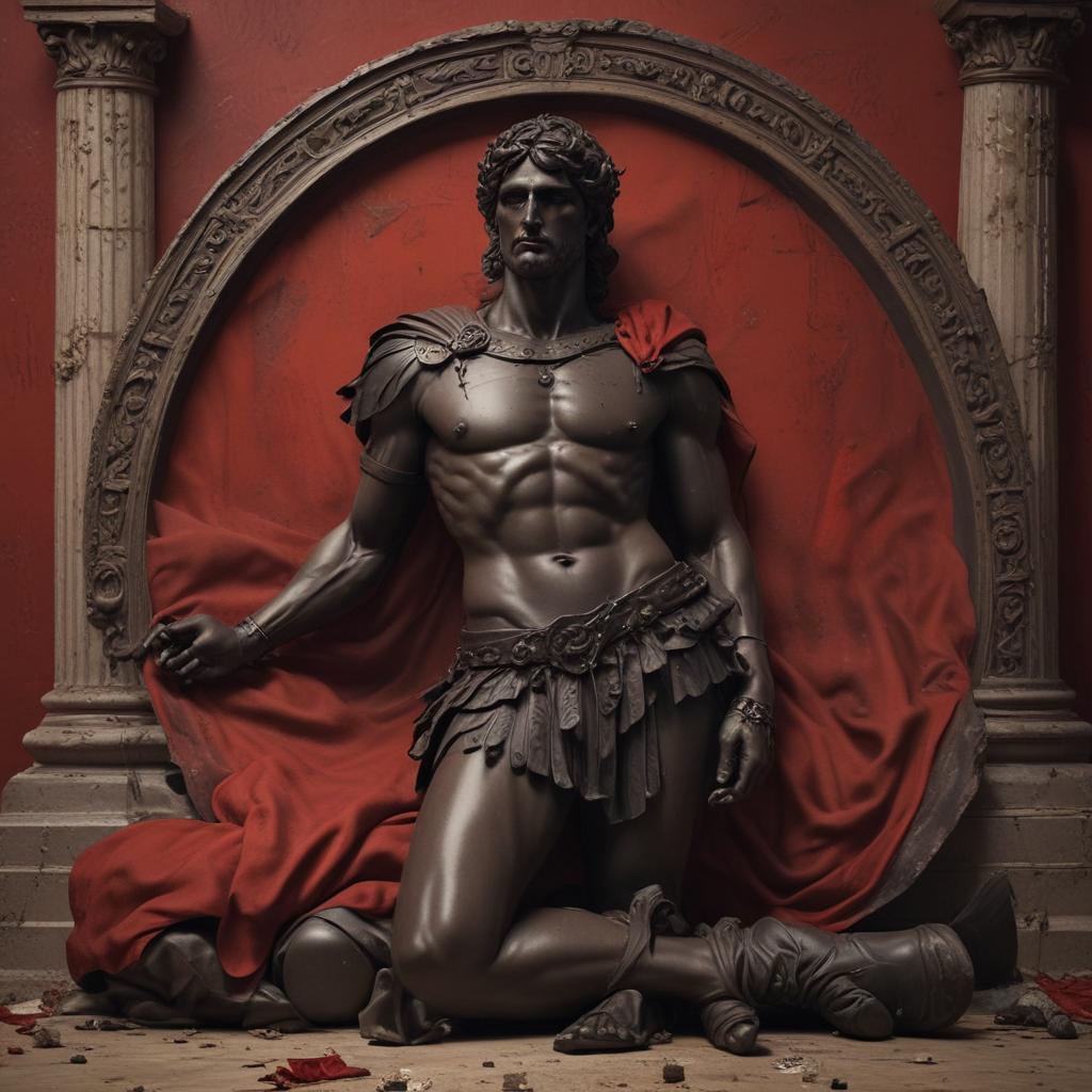 A fallen Achilles, wounded and weakened, lying on the ground, his once majestic armor now a heavy burden, surrounded by a somber atmosphere, highlighting the vulnerability and mortality of even the mightiest heroes"in the style of classical Greek pottery art, with intricate black figures on a red background, depicting mythological scenes with a focus on gods and heroes, using a limited color palette of red, black, and white"This image is a breathtaking painting that captures the magical scene with vivid detail. The overall composition is spellbinding, showcasing a perfect harmony. photorealism fantasy, unreal engine 5, concept hyperrealistic, full body, detailed clothing, highly detailed, cinematic lighting, stunningly beautiful, intricate, sharp focus, f/1. 8, 85mm, (centered image composition), (professionally color graded), ((bright soft diffused light)), volumetric fog, trending on instagram, trending on tumblr, HDR 4K, 8K