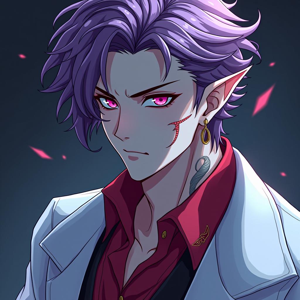  manga style the doctor of the dark elves is a man with marble white skin, purple hair with a scarlet tint, lavender eyes with a red glow, dressed in a red purple shirt embroidered with red gold, a tight fitting white doctor's coat is worn over the shirt. hairstyle in the style of disheveled hair. in the right ear there is an earring in the shape of a crescent with teeth inside. a tattoo in the form of a crescent with a jagged inner side is applied from the left temple to the left cheekbone, skirting the left eye socket, the crescent moon faces the eye with a jagged inner side usingthe doctor of the dark elves is a young man with marble white skin, purple hair with a scarlet tint, lavender eyes with a red glow, dressed in a red purple shi hyperrealistic, full body, detailed clothing, highly detailed, cinematic lighting, stunningly beautiful, intricate, sharp focus, f/1. 8, 85mm, (centered image composition), (professionally color graded), ((bright soft diffused light)), volumetric fog, trending on instagram, trending on tumblr, HDR 4K, 8K