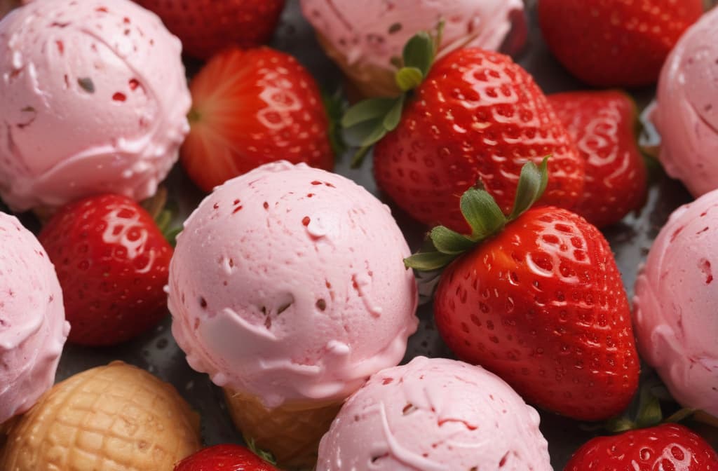 Ice cream decorated with strawberries --ar 3:2 high quality, detailed intricate insanely detailed, flattering light, RAW photo, photography, photorealistic, ultra detailed, depth of field, 8k resolution , detailed background, f1.4, sharpened focus