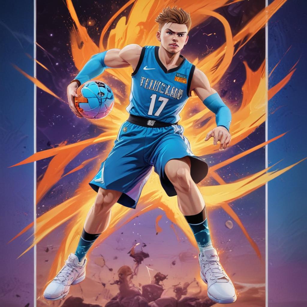 distance-shot, flashy, full-body, dynamic, holographic, animated cartoon poster of luka doncic in the style of dragon ball super