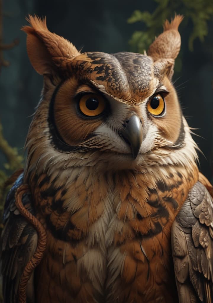 cernunnos in animal form with a snake, an owl and a squirrel highly detailed,studio lighting,professional,vivid colors, cinematic lighting, HDR, UHD, 4K, 8k, 64K