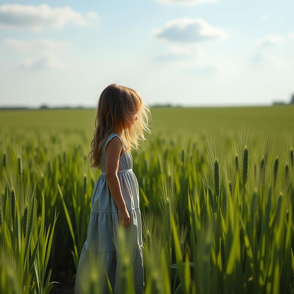  a girl in a long dress admires a hemp field.