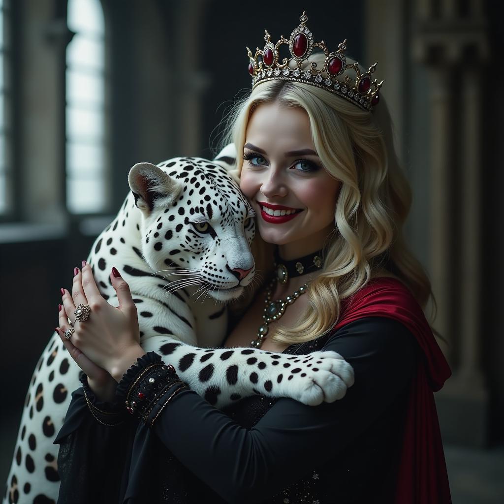  gothic style beautiful girl, blonde, vampire, beautiful smile, in a beautiful outfit of jewelry, in a tiara. hugs a white leopard, takes a photo on the phone, night, dracula's castle. . dark, mysterious, haunting, dramatic, ornate, detailed