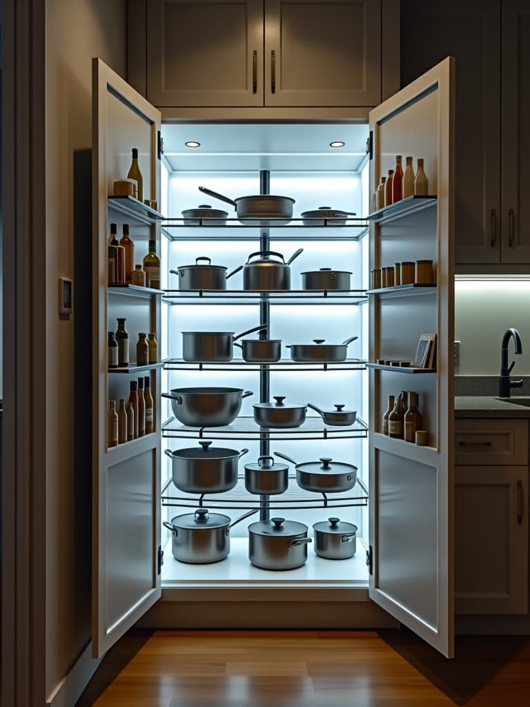  high quality portrait photo of a kitchen corner showcasing a clever rotating carousel cabinet system, with multiple levels of shelving for pots and pans, illuminated from within hyperrealistic, full body, detailed clothing, highly detailed, cinematic lighting, stunningly beautiful, intricate, sharp focus, f/1. 8, 85mm, (centered image composition), (professionally color graded), ((bright soft diffused light)), volumetric fog, trending on instagram, trending on tumblr, HDR 4K, 8K