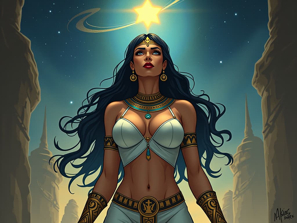  a large busted female figure in tight, ethereal attire, eyes focused ahead with determination, a guiding star hovering above, ambiance of transcendent purpose. the style is digital art illustration / modern comic book / mysterious occult, symbolic, esoteric vibe,high detail on character design, incorporating ancient egyptian symbology and attire.