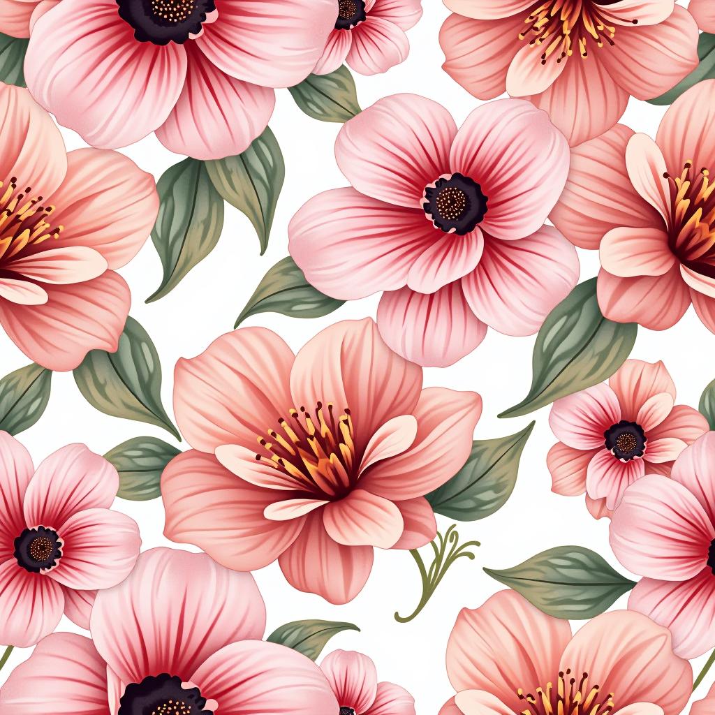  create a seamless digital design featuring a pattern of large, beautiful flowers with soft, watercolor like effects. the flowers should cover the entire surface, creating a bold, elegant, and continuous look. the overall style should be light and airy, with delicate leaves and petals to enhance the natural, floral theme. the design should be seamless to ensure it can be used in repeating patterns or wraps.