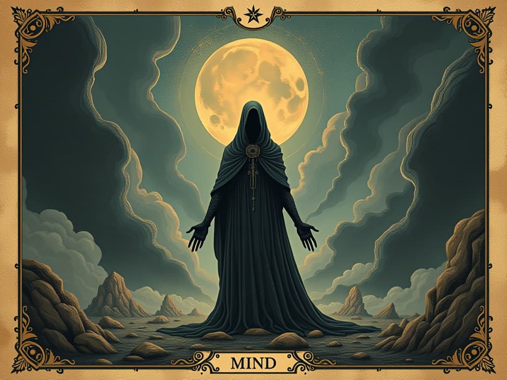  figure standing firm amidst chaos, sharp mind, strong will, chaotic background, determined expressions, unyielding stance, cosmic alignment, powerful aura, resilience exemplified. an illustration in the style of a worn, mystical old tarot trump card, mysterious and elements of surrealism. the colors are muted, somber and eerie, but with contrast bring out an occult and esoteric vibe.