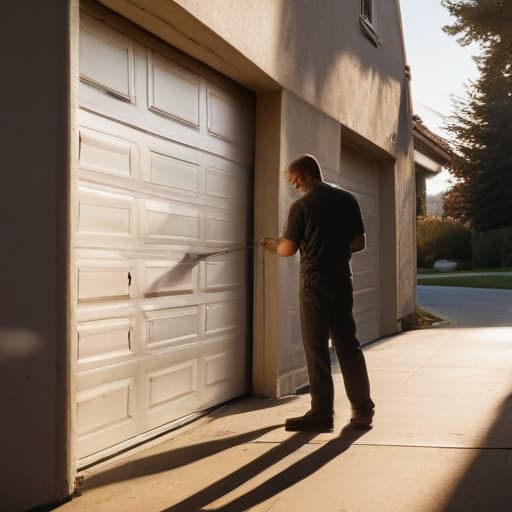 A photo of a mechanic inspecting a garage door in a residential driveway during the late afternoon with warm sunlight casting long shadows, creating a dramatic and visually striking scene.