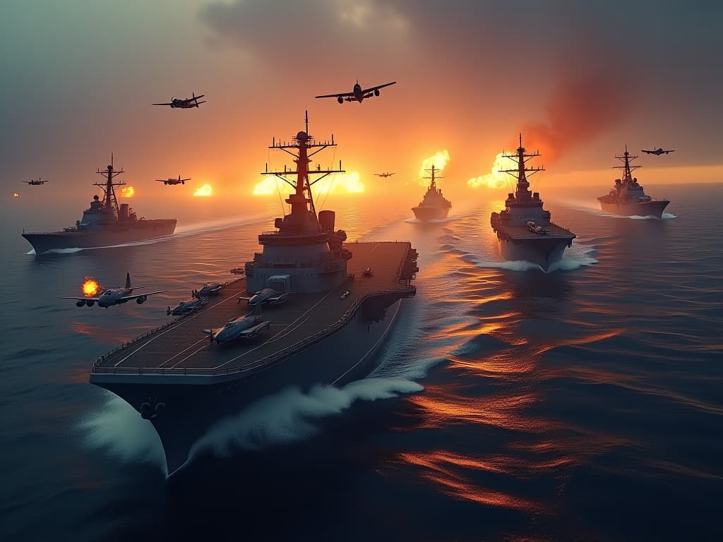  a dramatic scene of the battle of the philippine sea in june 1944, showcasing a clash between the us fifth fleet and the imperial japanese combined fleet. the image features aircraft carriers, warplanes in mid air combat, and a backdrop of fiery explosions in the ocean. the atmosphere is tense and chaotic, capturing the essence of naval warfare during world war ii. hyperrealistic, full body, detailed clothing, highly detailed, cinematic lighting, stunningly beautiful, intricate, sharp focus, f/1. 8, 85mm, (centered image composition), (professionally color graded), ((bright soft diffused light)), volumetric fog, trending on instagram, trending on tumblr, HDR 4K, 8K