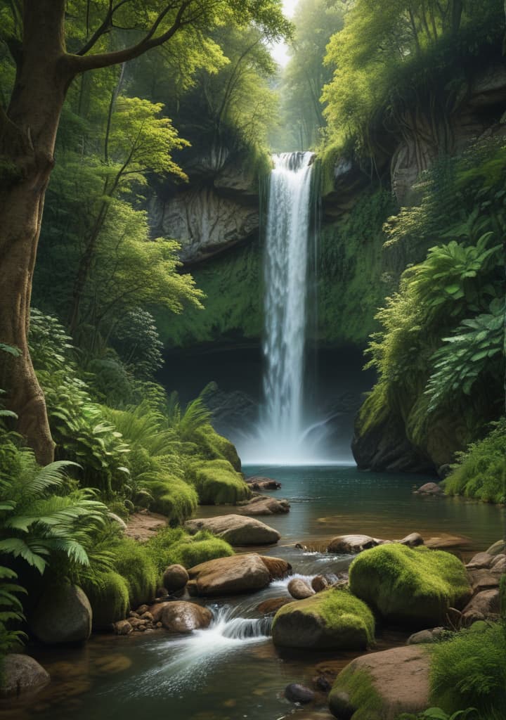 Design a nature wallpaper with a lush, green forest and a hidden waterfall highly detailed,studio lighting,professional,vivid colors, cinematic lighting, HDR, UHD, 4K, 8k, 64K