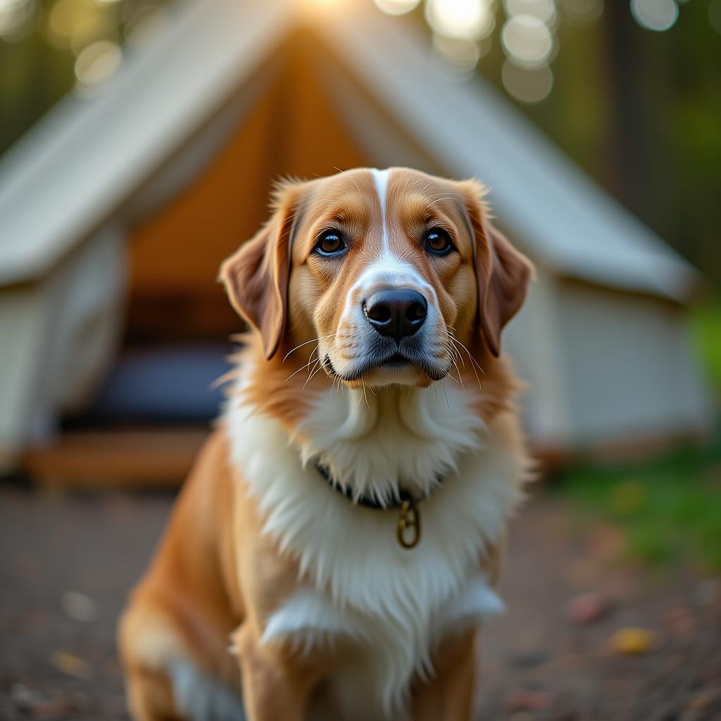  a dog in the background of glamping and nature.