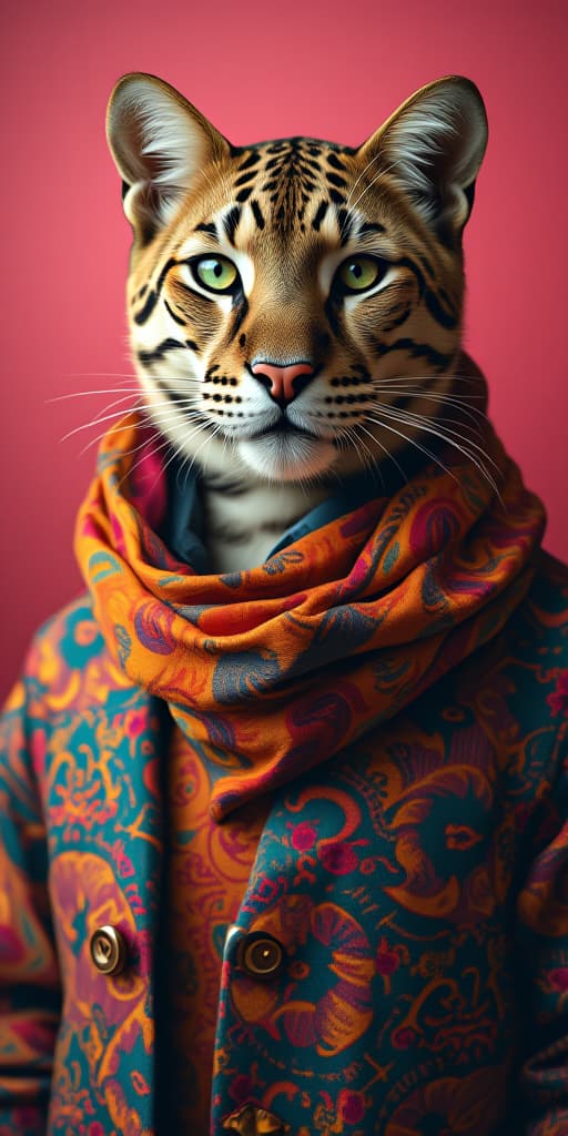  elegant panter wearing colorful clothes on a pink background,, high quality, high details, hd, perfect composition, 4k epic detailed, highly detailed, sharp focus, high resolution