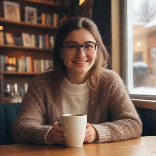 An image of a cheerful woman named Anna wearing a casual sweater and jeans, looking at the camera, in a cozy Norwegian café sitting across from a distinguished-looking man identified as a famous (((Norwegian author))) wearing a tweed jacket and glasses, both holding coffee cups without showing hands, with shelves of books and a snowy window view in the background, soft, warm lighting, detailed, realistic.