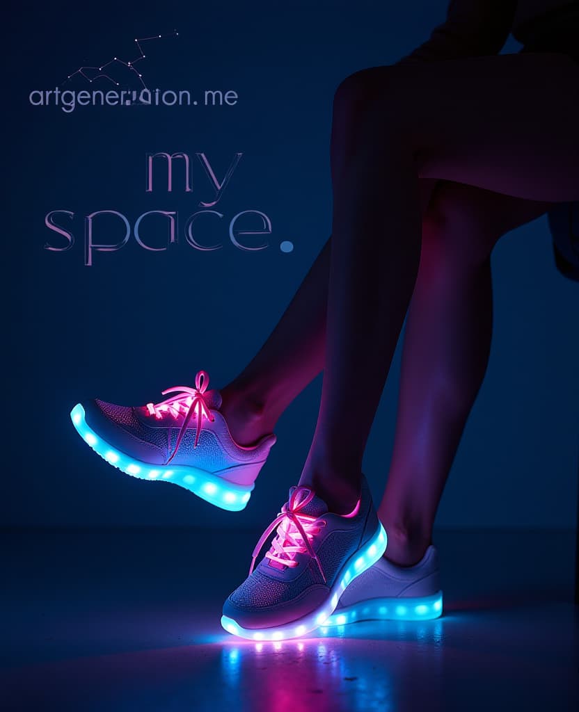  text (‘artgeneration.me’: 1.5). slogan (‘my space’: 1.5). stylish font. clearly spelled letters in the text. bright expressive letters: stars, stars. background: night, (constellation cassiopeia: 1,5), nebulae. beautiful legs upward raised. (contour silhouette:1,3) wearing stylish white trainers: bright laces and neon glowing sole and iridescent decorative details. light from the inside. fashion shot. shot for a fashion magazine.