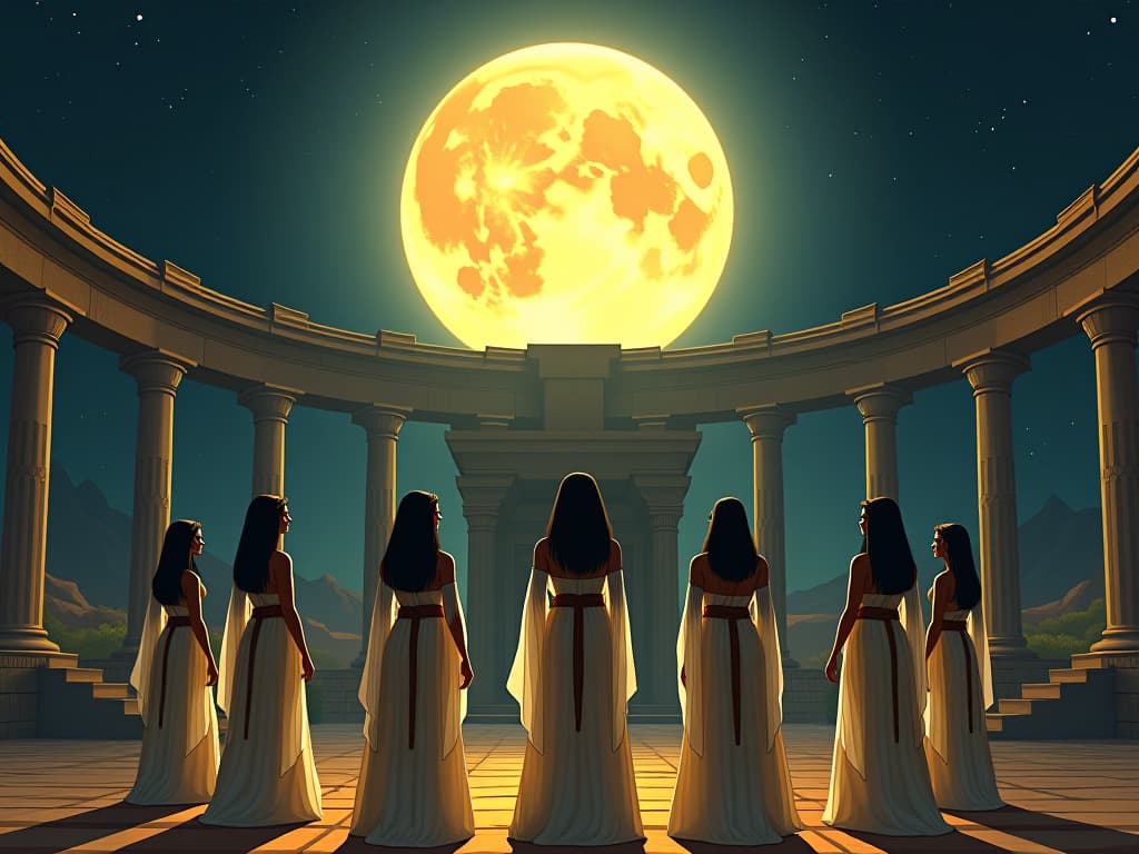  an ancient egyptian amphitheater under the full moon, large busted priestesses in transparent gowns sharing experiences, moonlight emphasizing community and voice. the style is digital art illustration / modern comic book / mysterious occult, symbolic, esoteric vibe,high detail on character design, incorporating ancient egyptian symbology and attire.