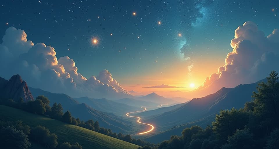  a series of glowing, interconnected dots forming a map in the sky, each point representing a trial overcome. the landscape below is a luminous valley, suggesting a journey from past wounds to future paths.. the style is digital art illustration,highly detailed, whimsical,magical, dreamlike atmosphere, realism and fantasy blend, smooth, glossy textures,luminous quality, wonder and enchantment.