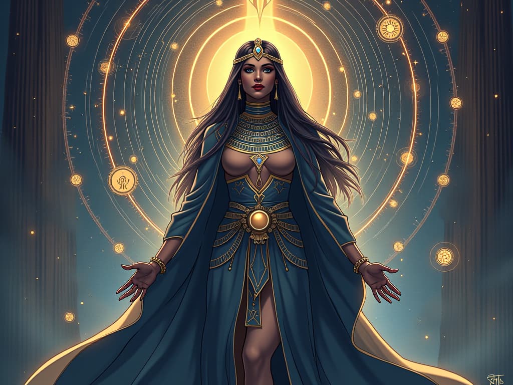  a priestess in shimmering robes, surrounded by spiraling quantum energy, symbols of the quantum field, aura of cosmic alignment. the style is digital art illustration / modern comic book / mysterious occult, symbolic, esoteric vibe,high detail on character design, incorporating ancient egyptian symbology and attire.